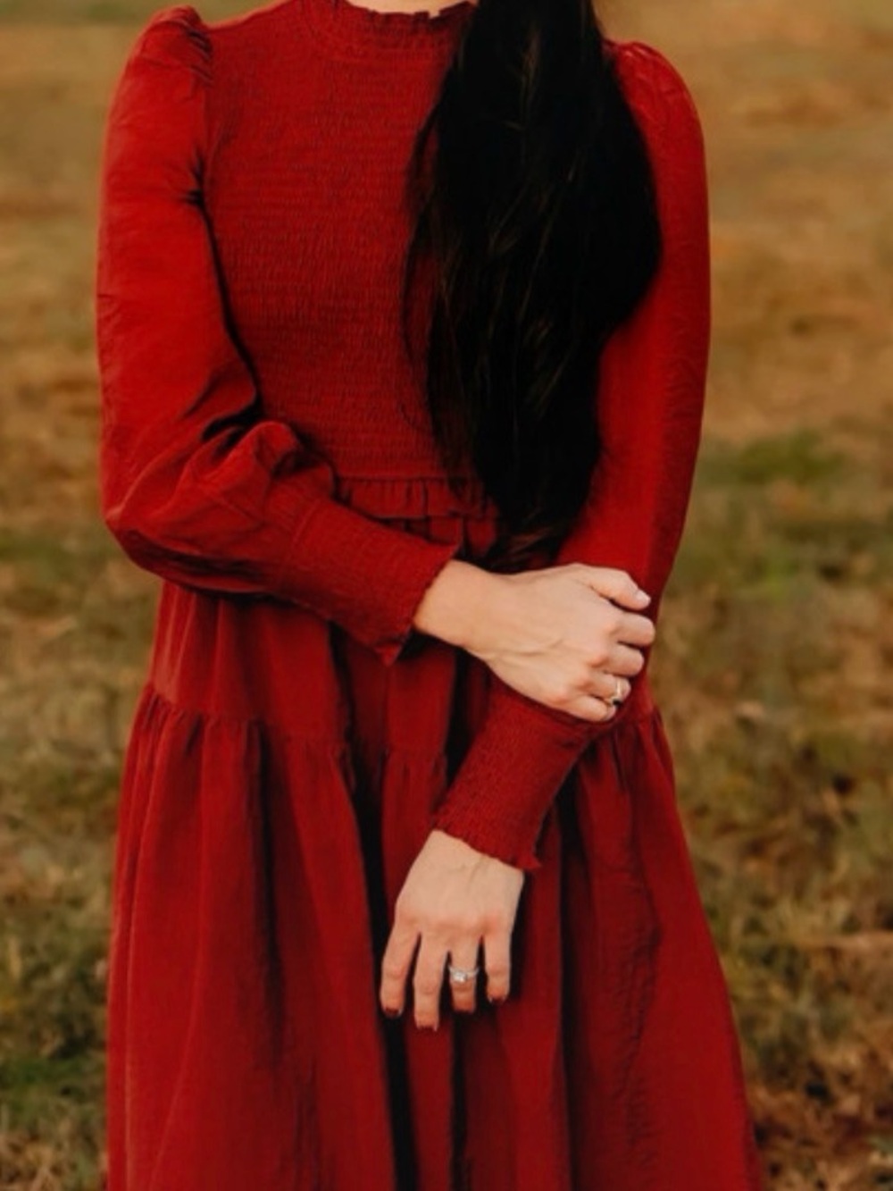 Listicle Red Long Sleeve Smocked Waist Maxi Dress